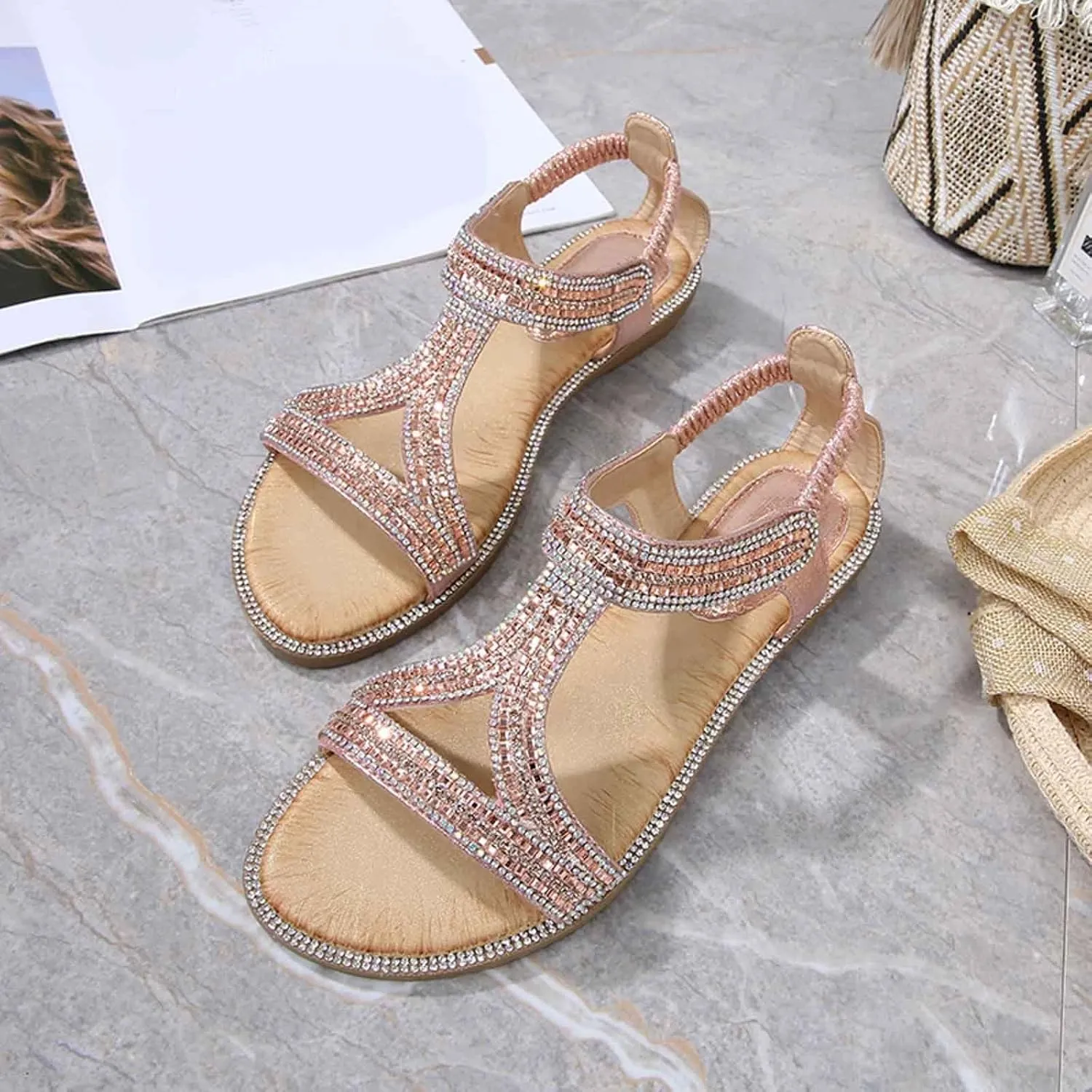 Women's Rhinestone Flat Sandals Summer Dressy Open Toe Comfortable Boho Beach Sandals for Casual Outings and Vacations