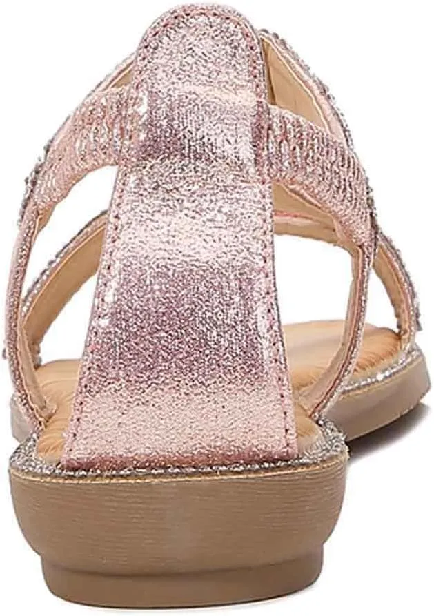 Women's Rhinestone Flat Sandals Summer Dressy Open Toe Comfortable Boho Beach Sandals for Casual Outings and Vacations
