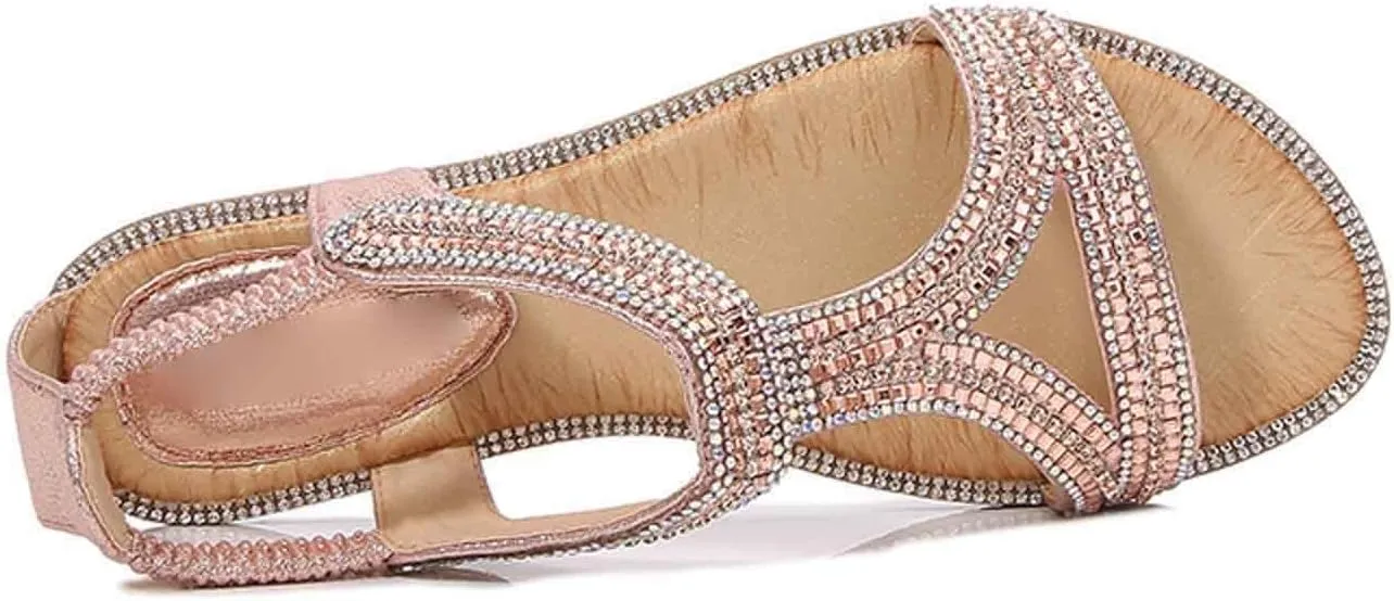 Women's Rhinestone Flat Sandals Summer Dressy Open Toe Comfortable Boho Beach Sandals for Casual Outings and Vacations