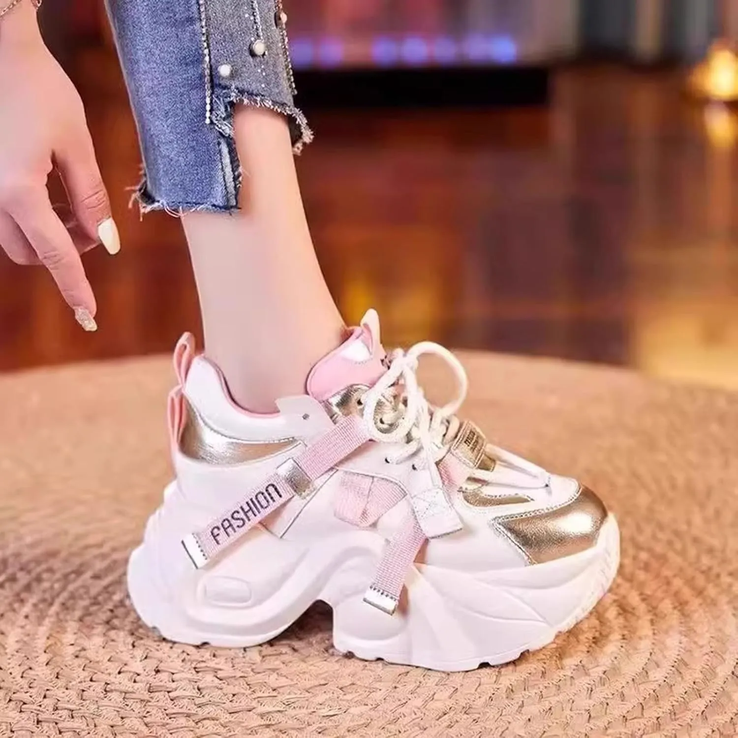 Womens Sport Shoes High Heel Lace-up Women's Sneakers Loafers Fashion Lightweight Cute Round Toe Sneakers Thick Sole Casual Outdoor Walking Shoe