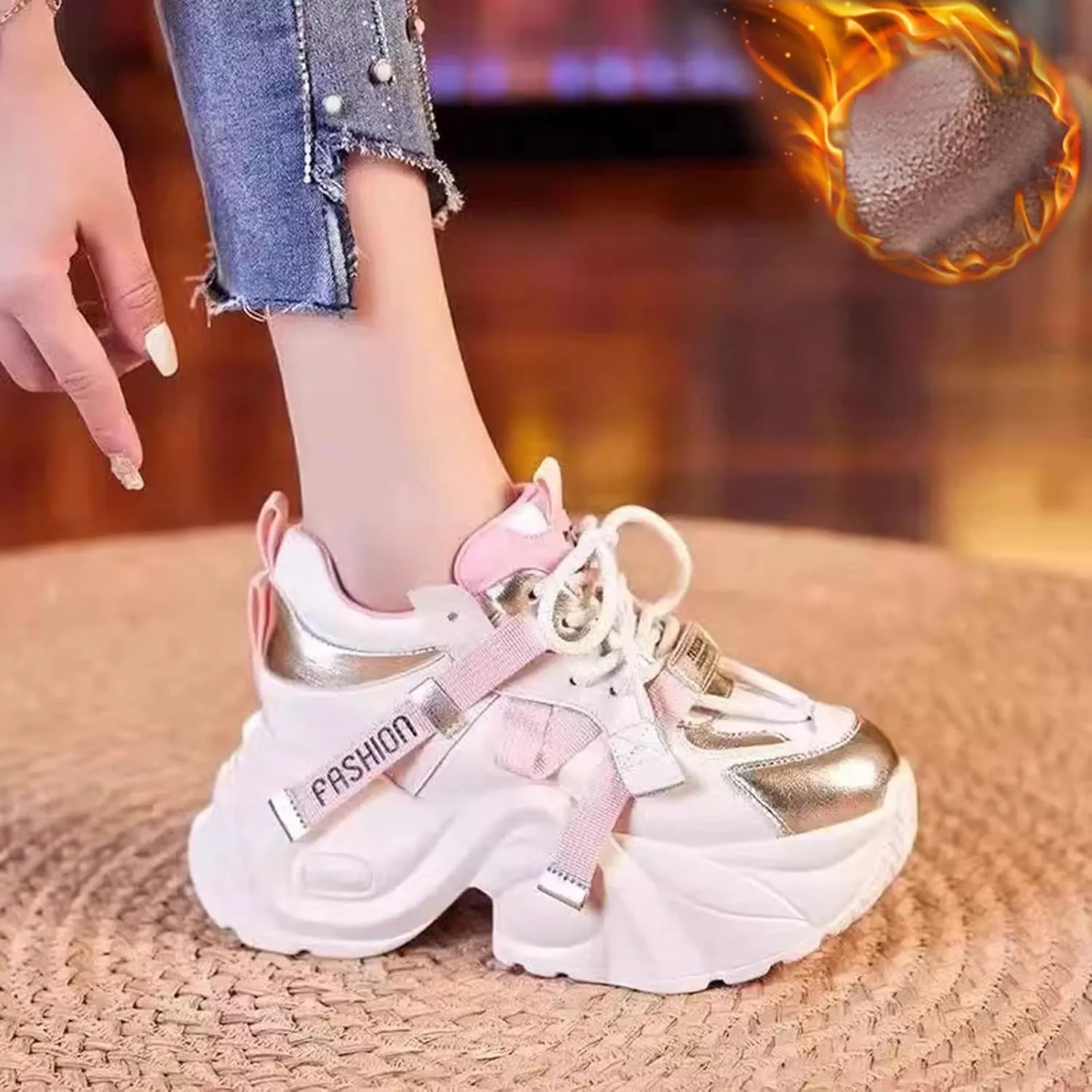 Womens Sport Shoes High Heel Lace-up Women's Sneakers Loafers Fashion Lightweight Cute Round Toe Sneakers Thick Sole Casual Outdoor Walking Shoe