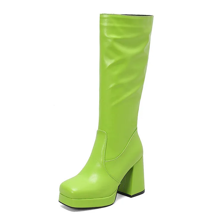 Women's Square Toe Block Heel Platform Knee High Boots