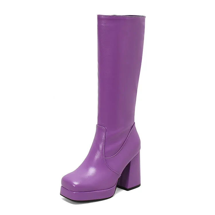 Women's Square Toe Block Heel Platform Knee High Boots
