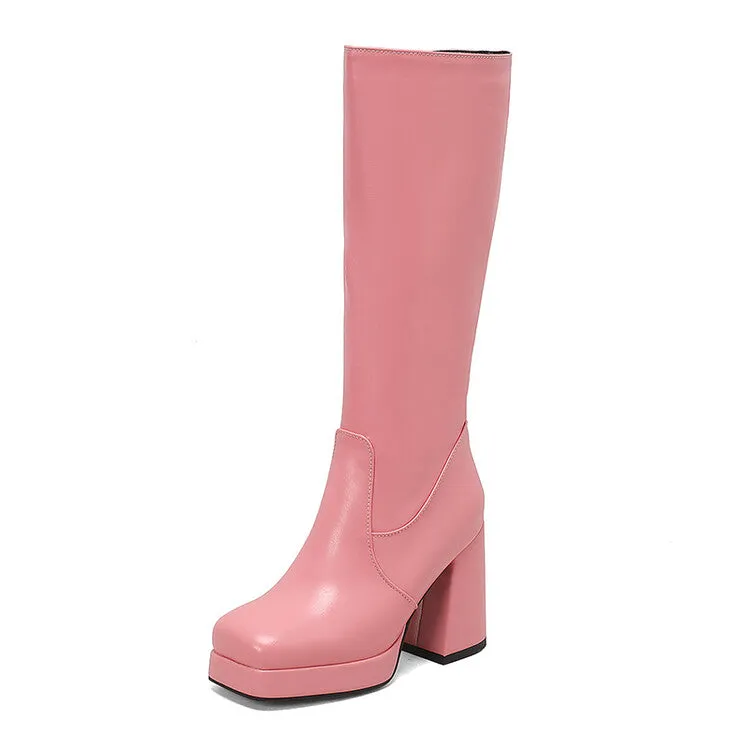 Women's Square Toe Block Heel Platform Knee High Boots