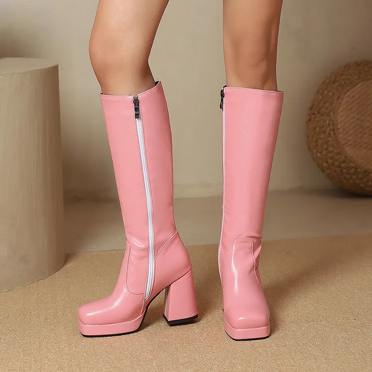 Women's Square Toe Block Heel Platform Knee High Boots