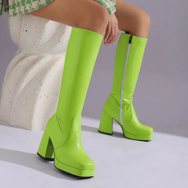 Women's Square Toe Block Heel Platform Knee High Boots