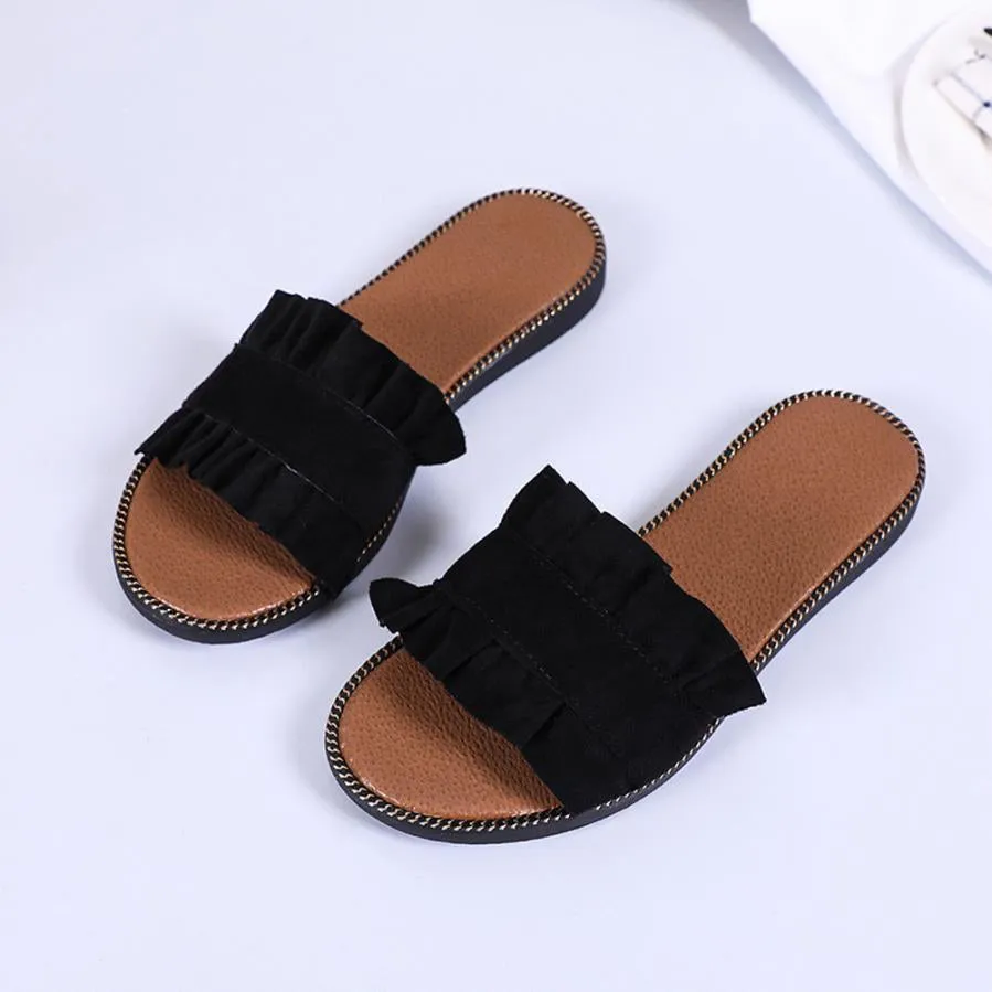 Women's Summer Flat-Heeled Flip Flops With Ruffles