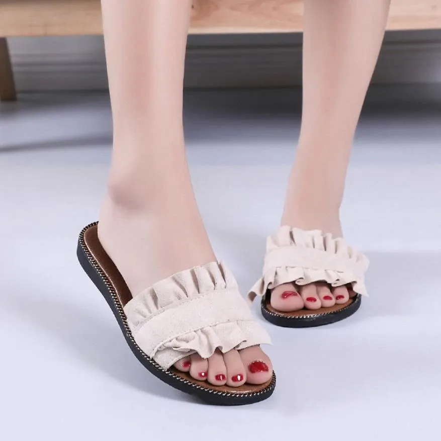 Women's Summer Flat-Heeled Flip Flops With Ruffles