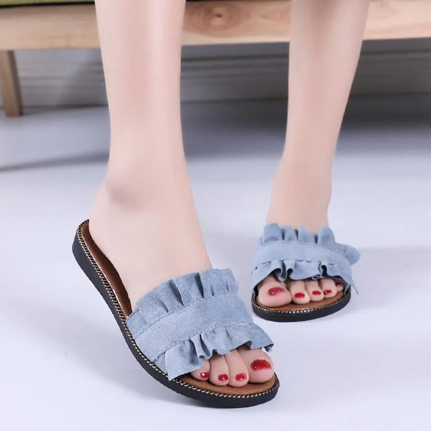 Women's Summer Flat-Heeled Flip Flops With Ruffles