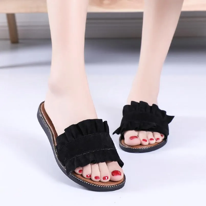 Women's Summer Flat-Heeled Flip Flops With Ruffles