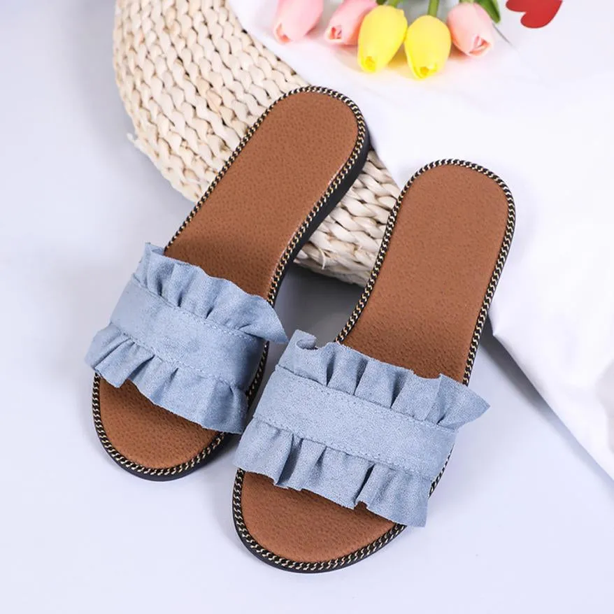 Women's Summer Flat-Heeled Flip Flops With Ruffles