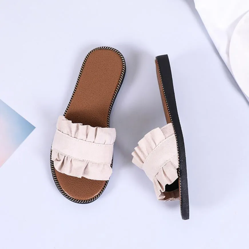 Women's Summer Flat-Heeled Flip Flops With Ruffles