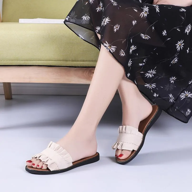Women's Summer Flat-Heeled Flip Flops With Ruffles
