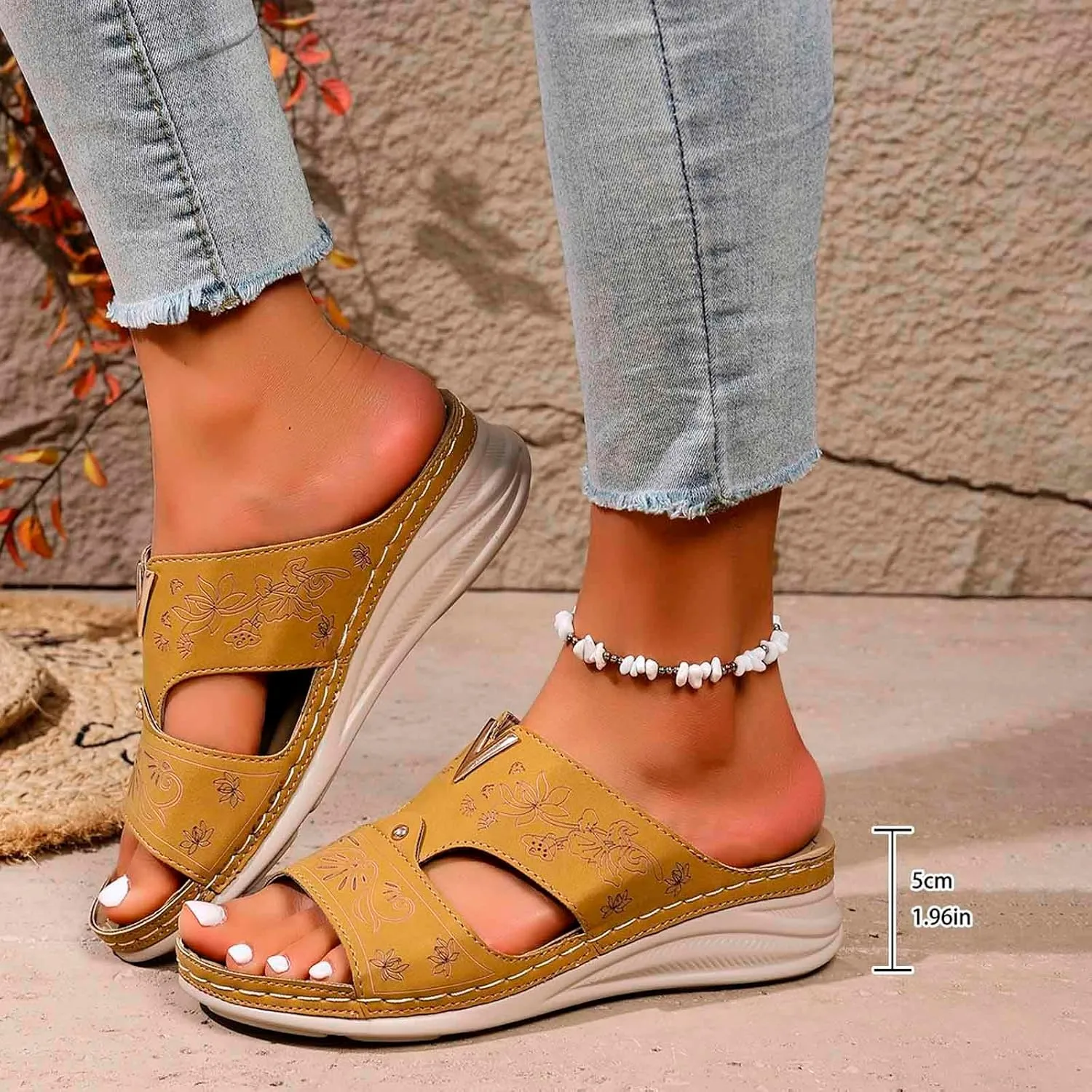 Women's Summer Wedge Sandals Dressy Comfortable Leather Slip On Casual Walking Shoes with Hollow Out Design for Outdoor Beach