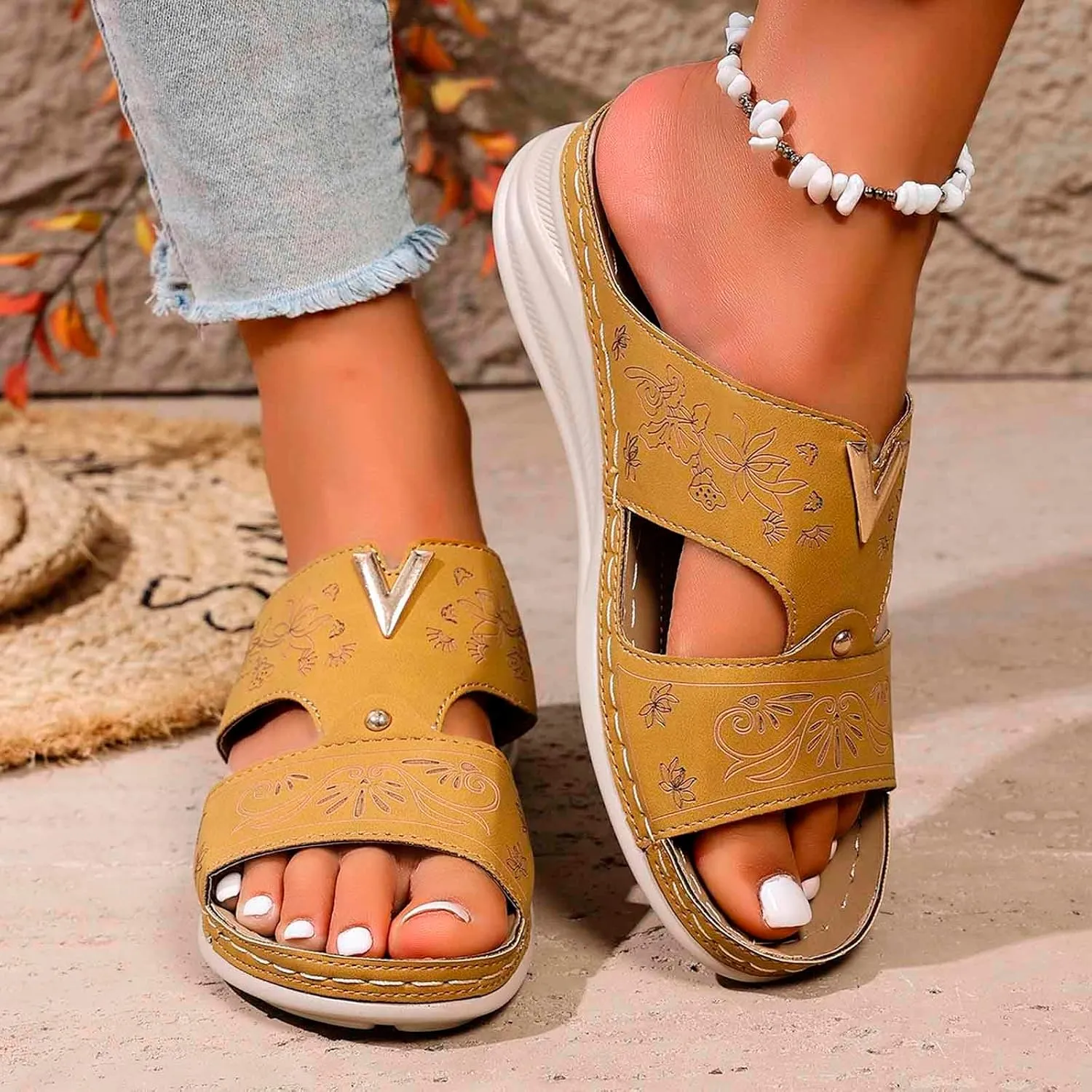 Women's Summer Wedge Sandals Dressy Comfortable Leather Slip On Casual Walking Shoes with Hollow Out Design for Outdoor Beach