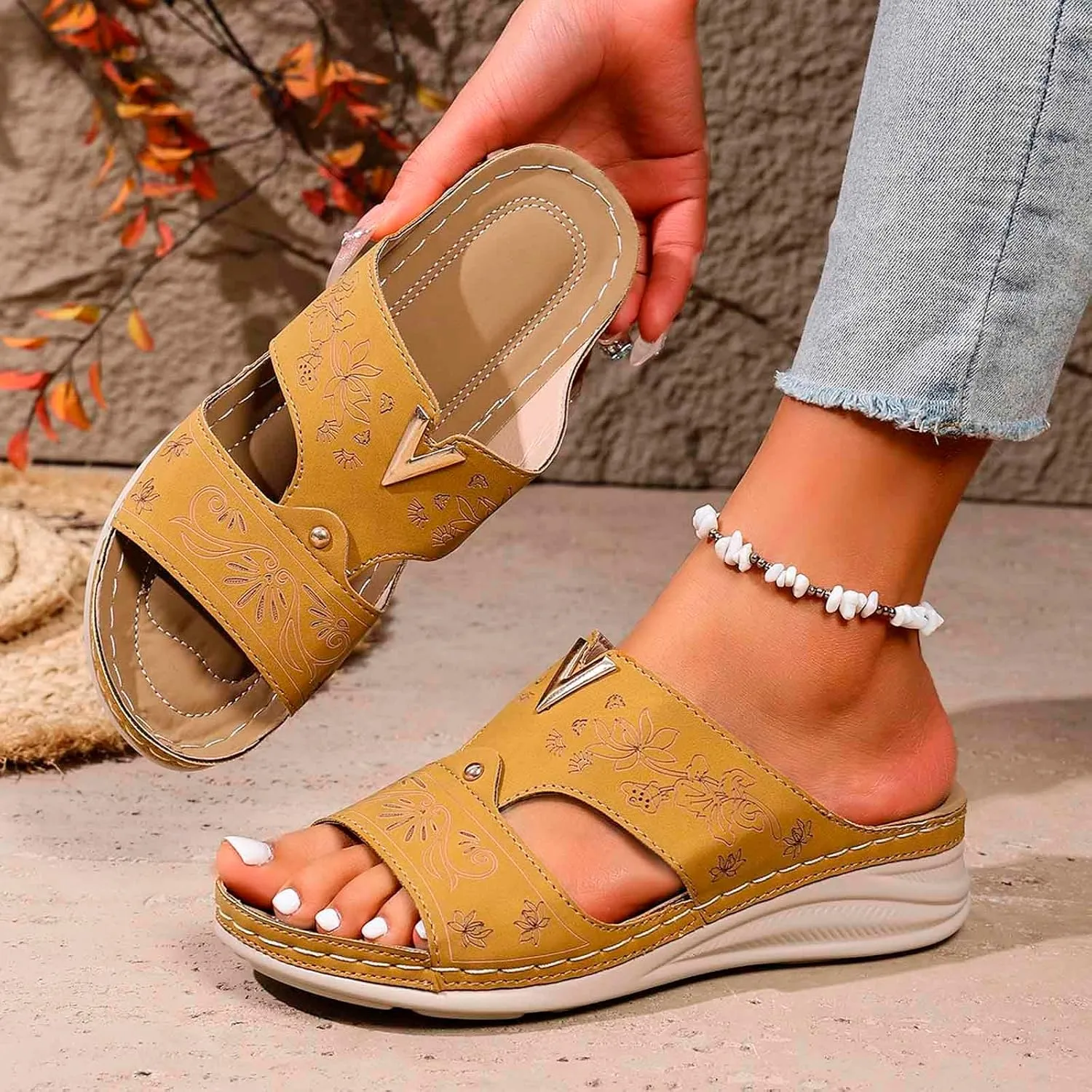 Women's Summer Wedge Sandals Dressy Comfortable Leather Slip On Casual Walking Shoes with Hollow Out Design for Outdoor Beach