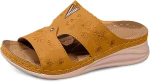 Women's Summer Wedge Sandals Dressy Comfortable Leather Slip On Casual Walking Shoes with Hollow Out Design for Outdoor Beach