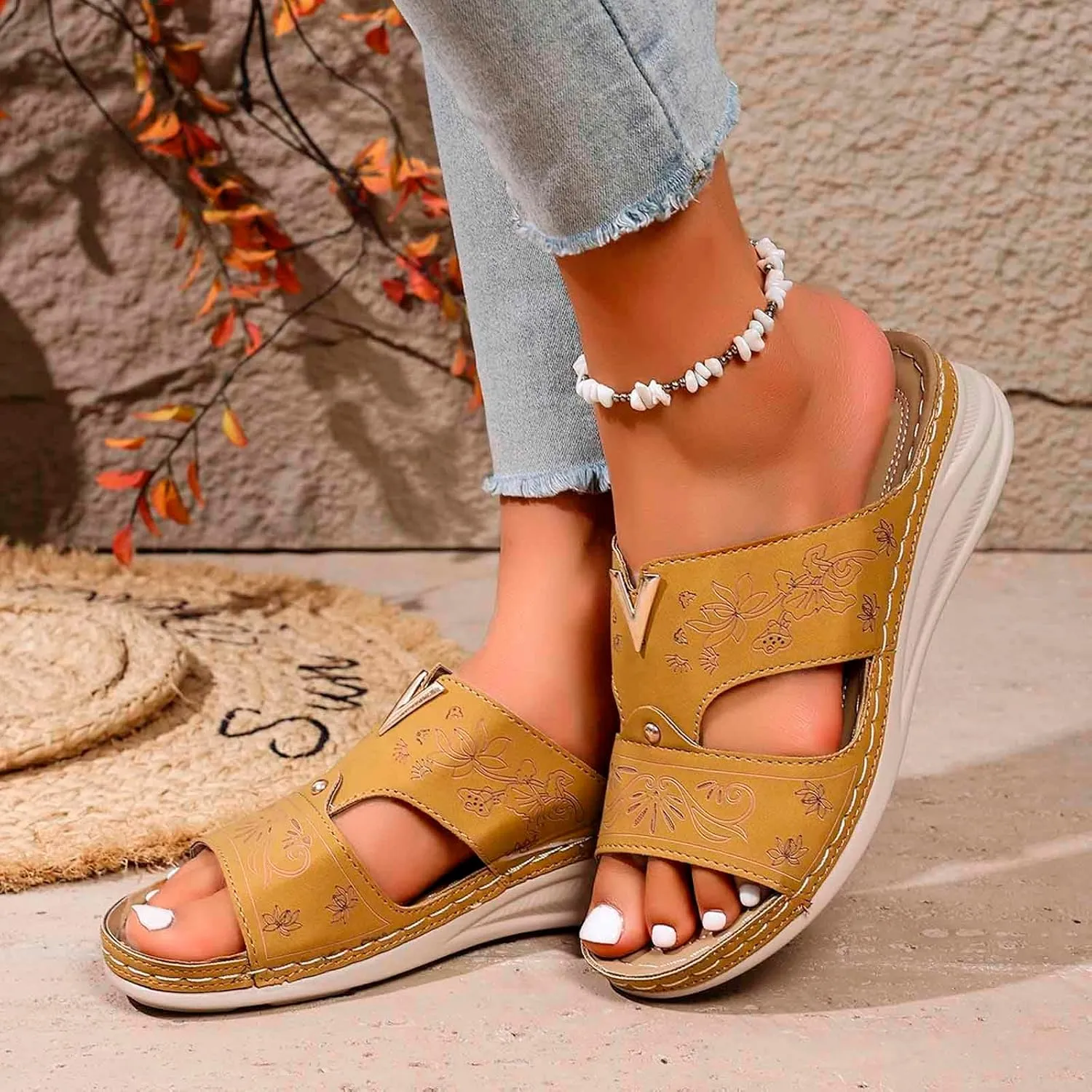 Women's Summer Wedge Sandals Dressy Comfortable Leather Slip On Casual Walking Shoes with Hollow Out Design for Outdoor Beach
