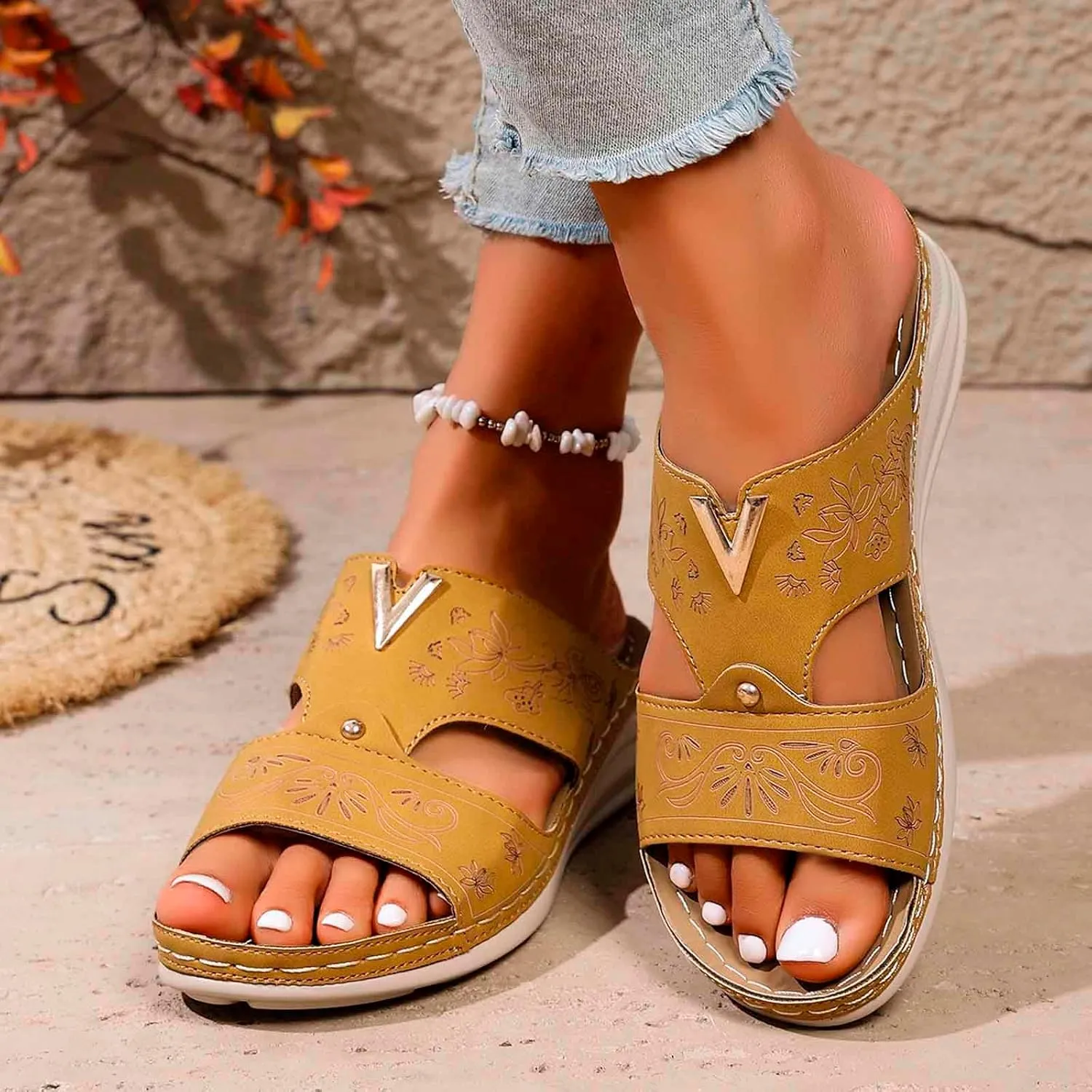 Women's Summer Wedge Sandals Dressy Comfortable Leather Slip On Casual Walking Shoes with Hollow Out Design for Outdoor Beach