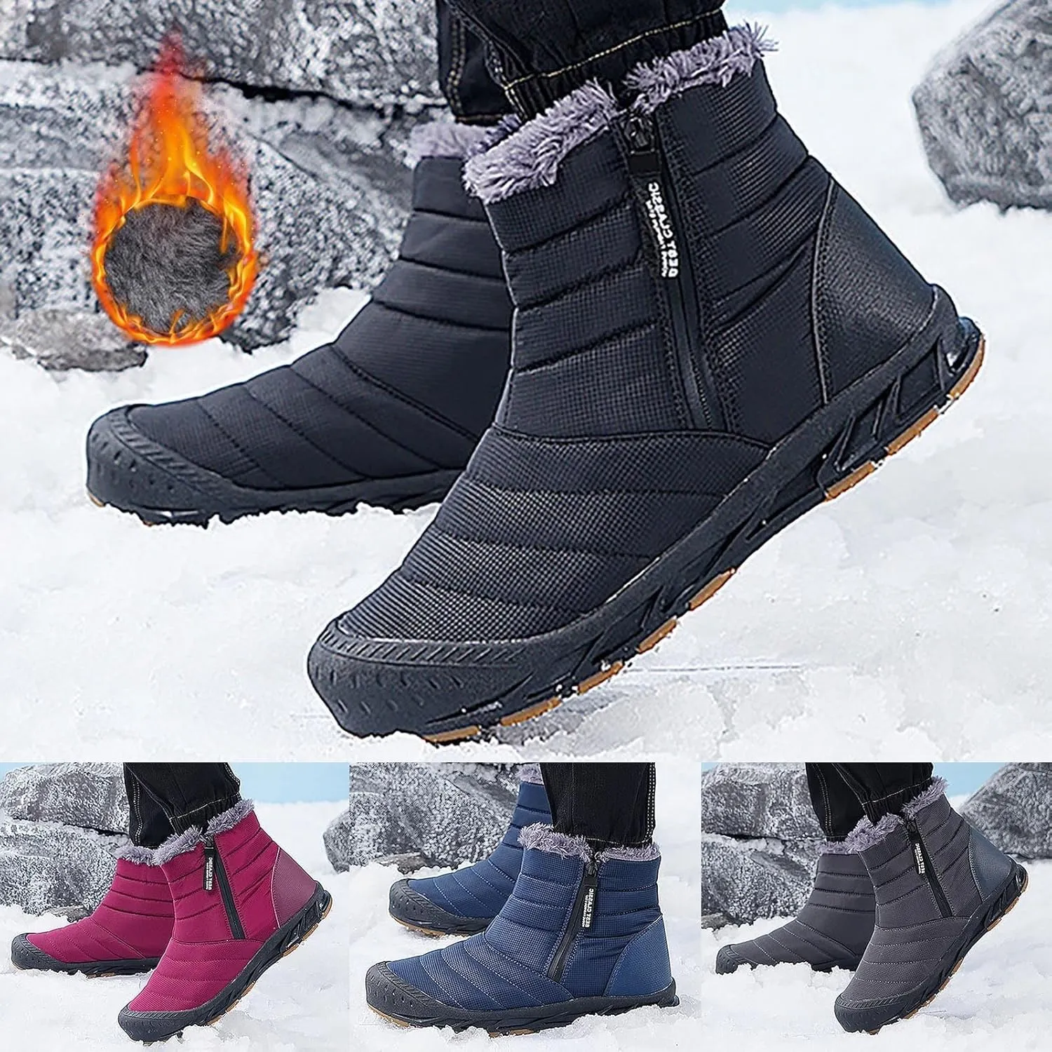 Women's Winter Snow Boots Warm Fleece Lined Ankle Booties Fashion Sneakers Slip On Outdoor Shoes Wide Width Short Boots Comfortable Insulated Non-Slip Walking Shoes Lightweight
