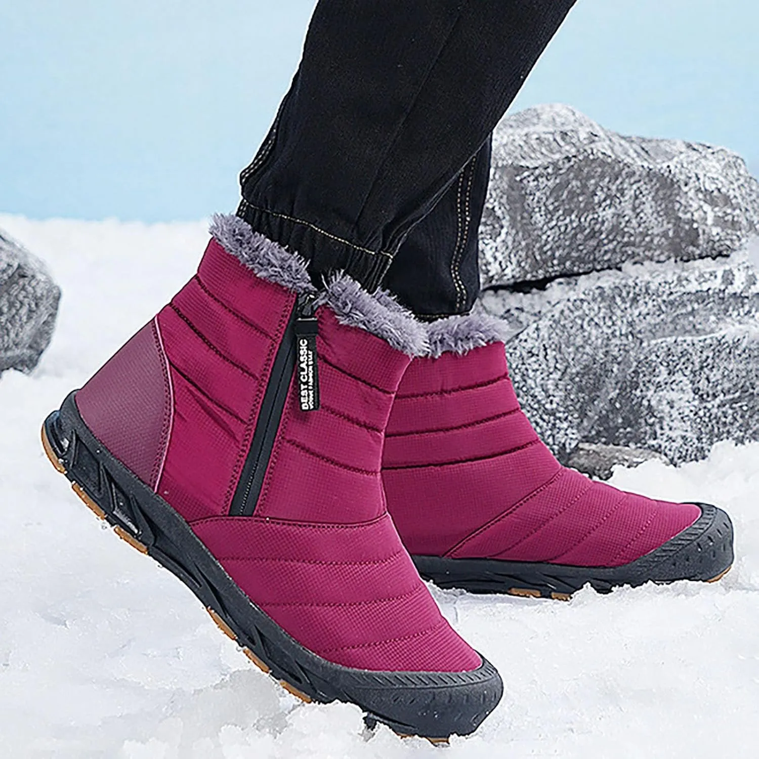 Women's Winter Snow Boots Warm Fleece Lined Ankle Booties Fashion Sneakers Slip On Outdoor Shoes Wide Width Short Boots Comfortable Insulated Non-Slip Walking Shoes Lightweight