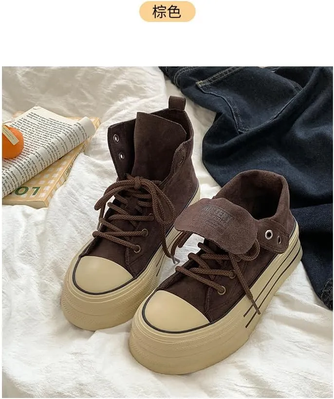 Y2K Canvas Retro Lightweight Lace Up Sneakers Women Casual Low Top Non Slip Platform Shoes for Walking Travel Streetwear with Hidden Height Boost Design